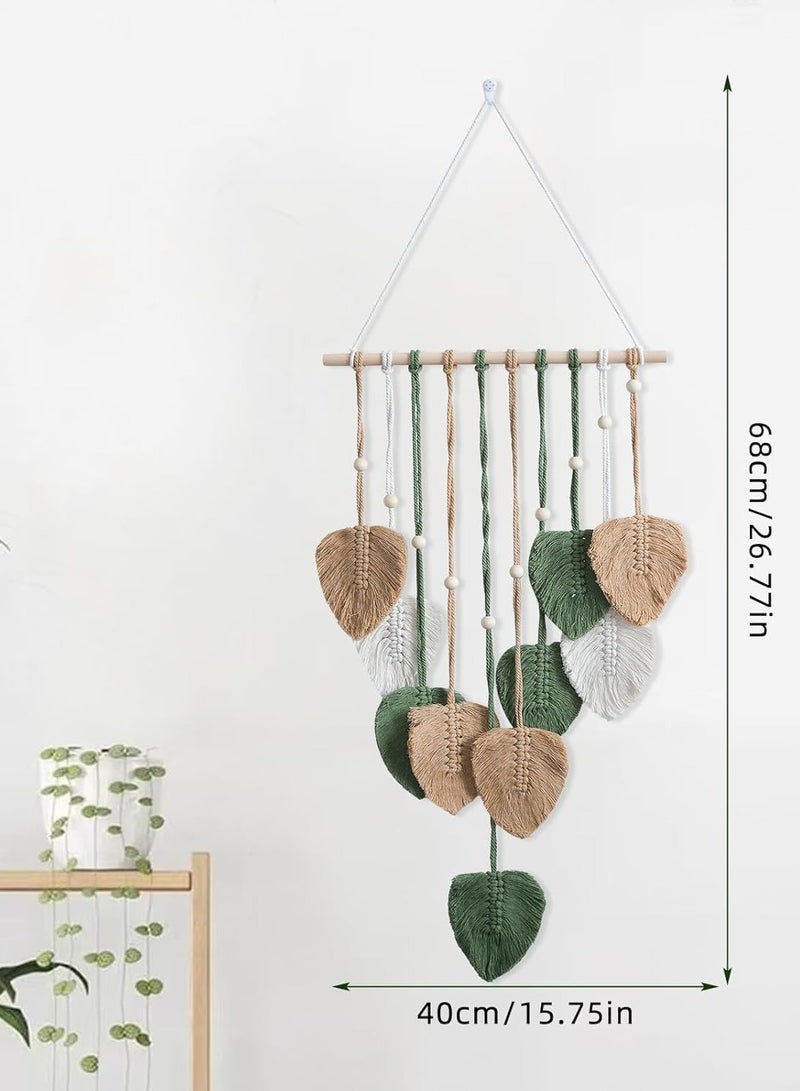 انتيكيانو تعليق على الحائط من مكرمية، ديكور حائط بوهو مصنوع يدويًا، نسيج، نسيج منسوج من مكرمية مع خرزات وأوراق خشبية لغرفة المعيشة، غرفة النوم، الزفاف، ديكور العطلات (بني) - Image 2