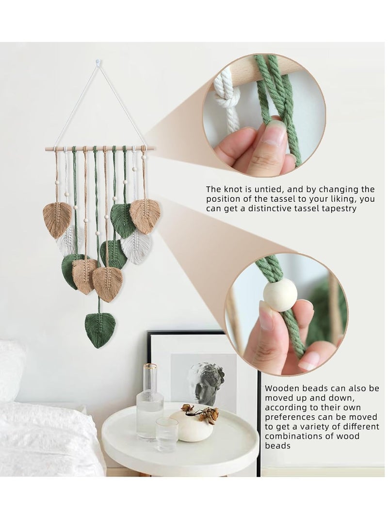 انتيكيانو تعليق على الحائط من مكرمية، ديكور حائط بوهو مصنوع يدويًا، نسيج، نسيج منسوج من مكرمية مع خرزات وأوراق خشبية لغرفة المعيشة، غرفة النوم، الزفاف، ديكور العطلات (بني) - Image 5