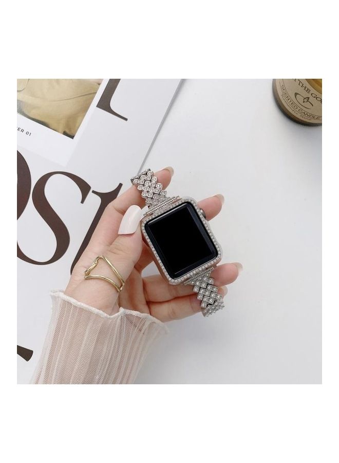NIBEMINENT Rhombus Full Diamond Metal Replacement Wrist Strap Watchband with Case For Apple Watch Series 6/SE/5/4 40mm Silver - Image 1