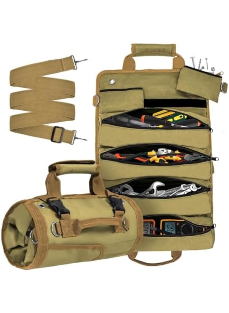 SYOSI Roll Up Tool Bag, Heavy Duty Tool Organizer Bag, Portable Foldable Tool Roll with 2 Small Pouches, Adjustable Shoulder Strap, Compact Carrying Toolbag for Mechanics, DIY, Car, Truck (Khaki) - Image 1