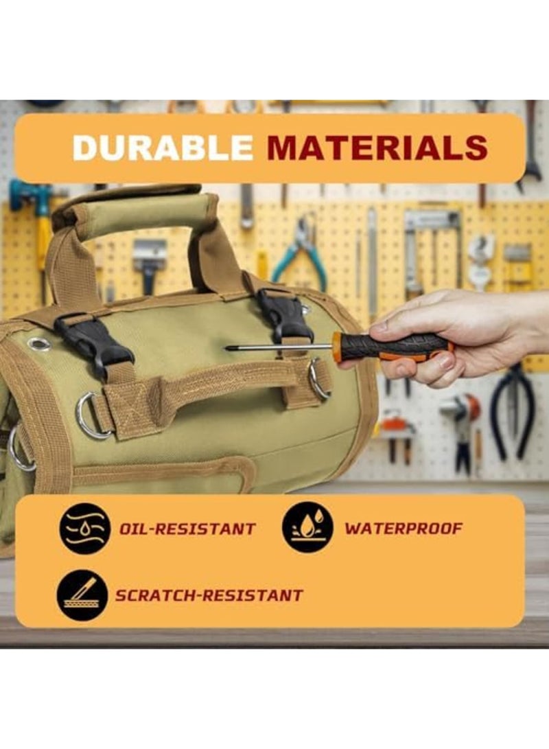 SYOSI Roll Up Tool Bag, Heavy Duty Tool Organizer Bag, Portable Foldable Tool Roll with 2 Small Pouches, Adjustable Shoulder Strap, Compact Carrying Toolbag for Mechanics, DIY, Car, Truck (Khaki) - Image 5