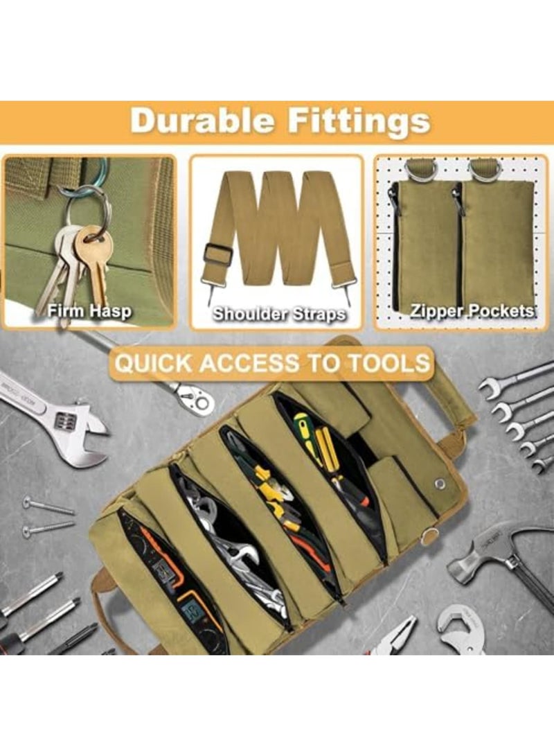 SYOSI Roll Up Tool Bag, Heavy Duty Tool Organizer Bag, Portable Foldable Tool Roll with 2 Small Pouches, Adjustable Shoulder Strap, Compact Carrying Toolbag for Mechanics, DIY, Car, Truck (Khaki) - Image 4