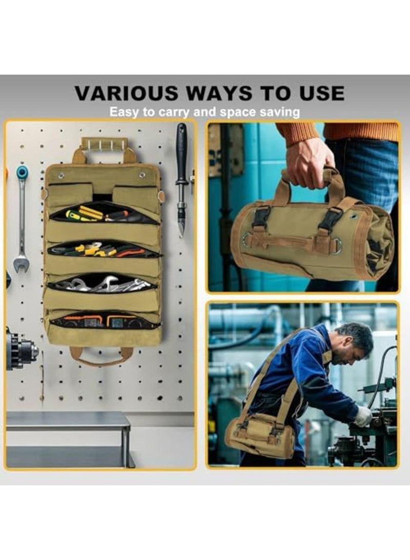 SYOSI Roll Up Tool Bag, Heavy Duty Tool Organizer Bag, Portable Foldable Tool Roll with 2 Small Pouches, Adjustable Shoulder Strap, Compact Carrying Toolbag for Mechanics, DIY, Car, Truck (Khaki) - Image 3