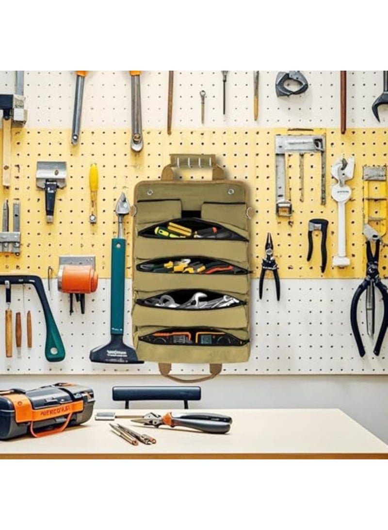 SYOSI Roll Up Tool Bag, Heavy Duty Tool Organizer Bag, Portable Foldable Tool Roll with 2 Small Pouches, Adjustable Shoulder Strap, Compact Carrying Toolbag for Mechanics, DIY, Car, Truck (Khaki) - Image 2