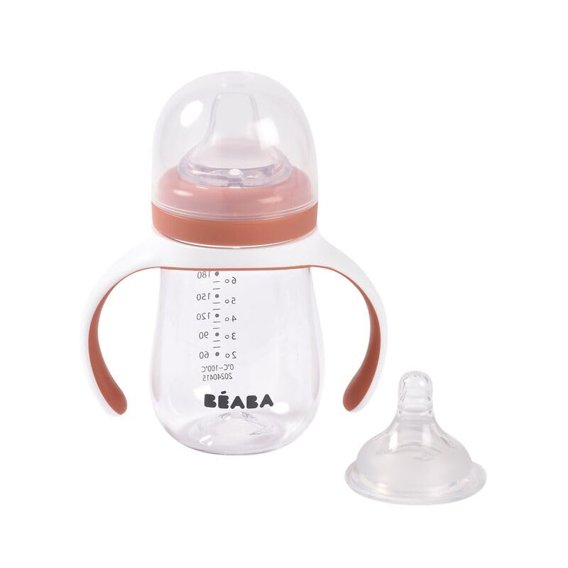 Baba BEABA 2in1 Baby Bottle to Transition Sippy Cup No Spill Sippy Cup Includes Removable Handles Silicone Baby Bottle Nipple and Soft Spout 7 oz Terracotta - Image 4