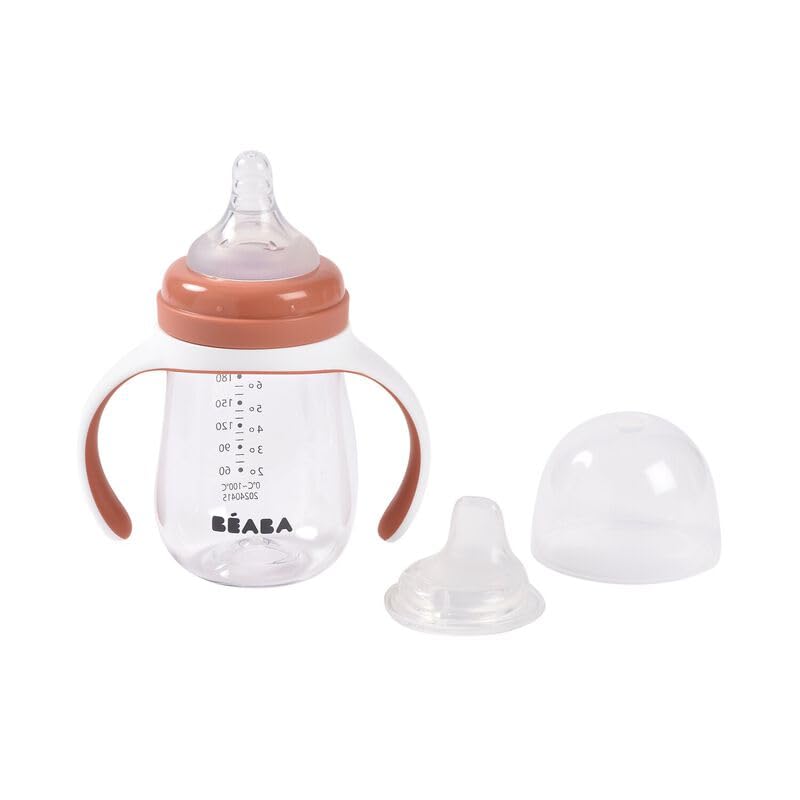 Baba BEABA 2in1 Baby Bottle to Transition Sippy Cup No Spill Sippy Cup Includes Removable Handles Silicone Baby Bottle Nipple and Soft Spout 7 oz Terracotta - Image 1