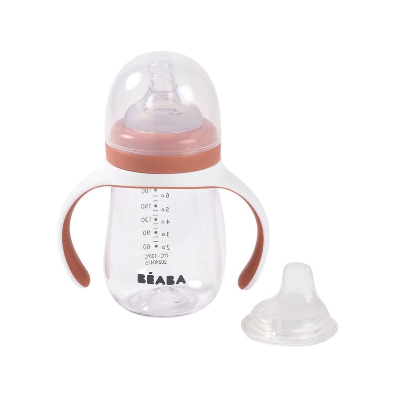 Baba BEABA 2in1 Baby Bottle to Transition Sippy Cup No Spill Sippy Cup Includes Removable Handles Silicone Baby Bottle Nipple and Soft Spout 7 oz Terracotta - Image 3