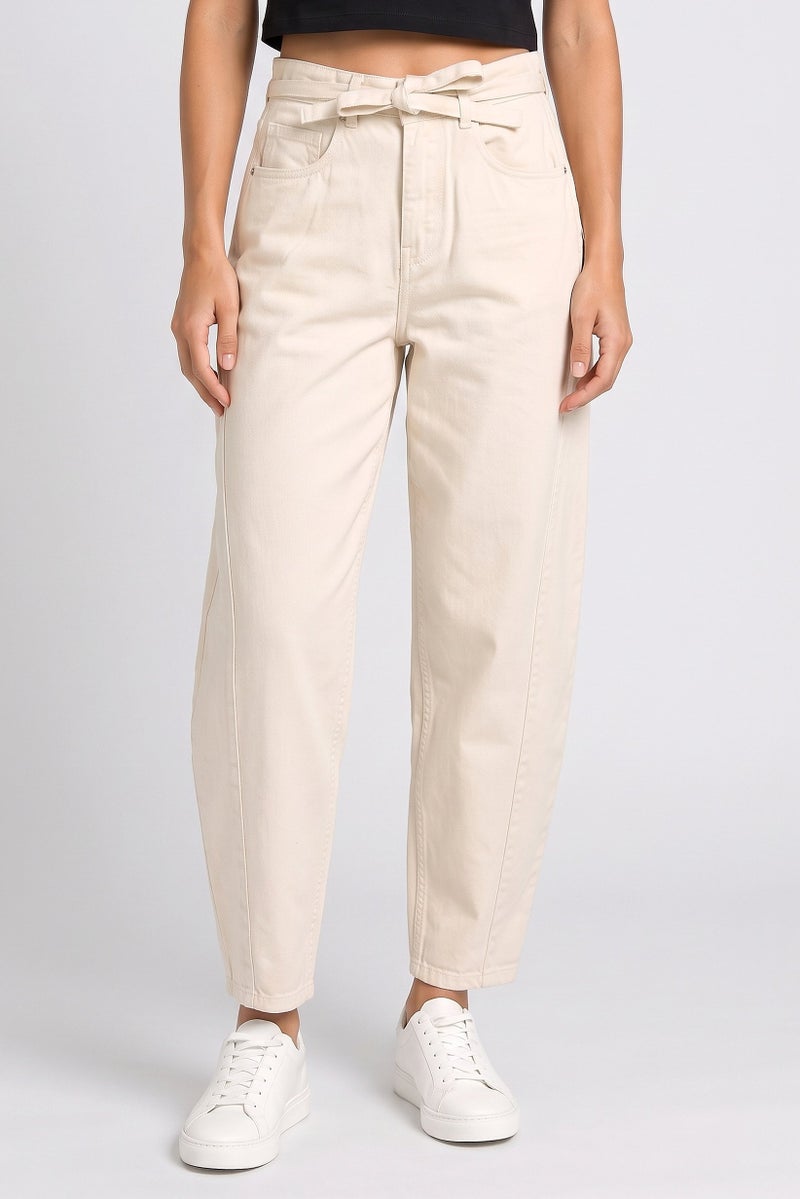 Threadbare Women Regular Fit Solid Non Stretchable Barrel Leg Jeans, Cream - Image 1