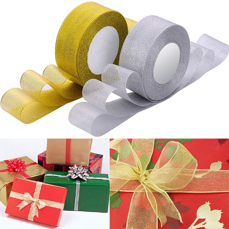 DIY Crafts Pack of 25 Yards, Width 5cm, 25/50/75Yards Gold Silver Silk Satin Ribbon for Crafts Wedding Decorative DIY Organza Onions Ribbons Bow Christmas Gift Supp(Pack of 25 Yards, Width 5cm) - Image 1