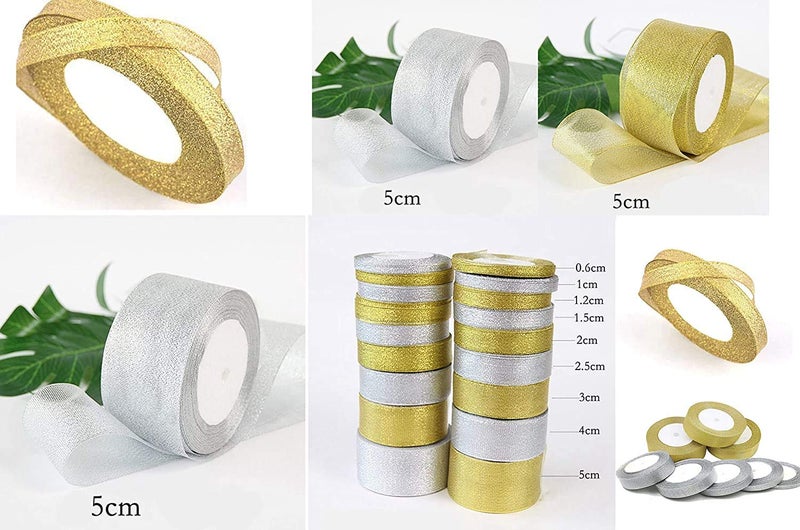 DIY Crafts Pack of 25 Yards, Width 5cm, 25/50/75Yards Gold Silver Silk Satin Ribbon for Crafts Wedding Decorative DIY Organza Onions Ribbons Bow Christmas Gift Supp(Pack of 25 Yards, Width 5cm) - Image 3