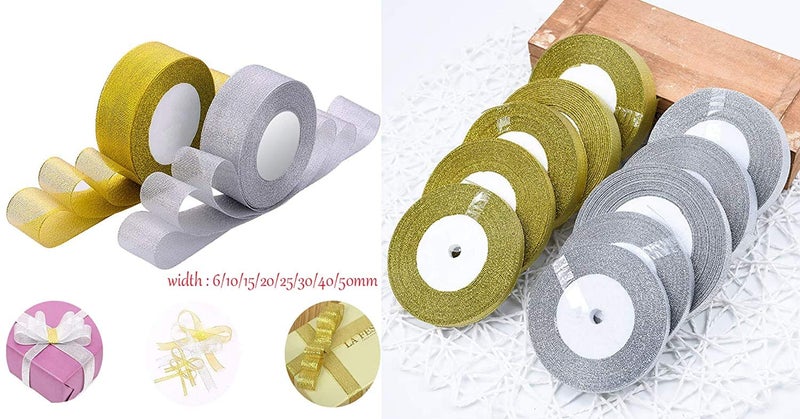 DIY Crafts Pack of 25 Yards, Width 5cm, 25/50/75Yards Gold Silver Silk Satin Ribbon for Crafts Wedding Decorative DIY Organza Onions Ribbons Bow Christmas Gift Supp(Pack of 25 Yards, Width 5cm) - Image 2
