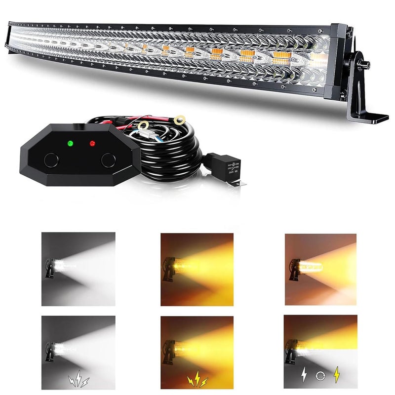 ASLONG 52 Inch 300W Curved LED Light Bar WhiteAmber Flasing Strobe with Six Modes Spot Flood Combo Offroad Driving Light 1pcs Wiring Harness Switch for Pickup Offroad Truck 4WD SUV ATV UTV