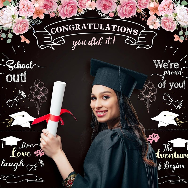 Sumind 70.9 x 70.9 Inch Class of 2026 Graduation Backdrops for Photoshoot Fabric Floral Congratulation Backdrop Congrats Photography Background for Graduation Prom Party Decor Photo(Pink,Black) - Image 4