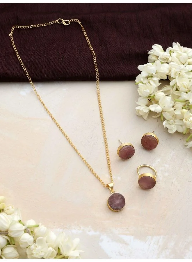 trueBrowns trueBrowns Gold Tone Pink Stone Pendant Set
