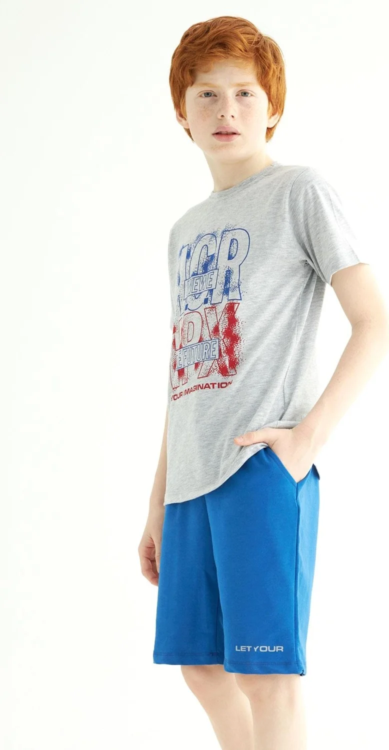 Zepkids Boy's Gray Colored Crew Neck Acr Wewe Printed Capri Set10