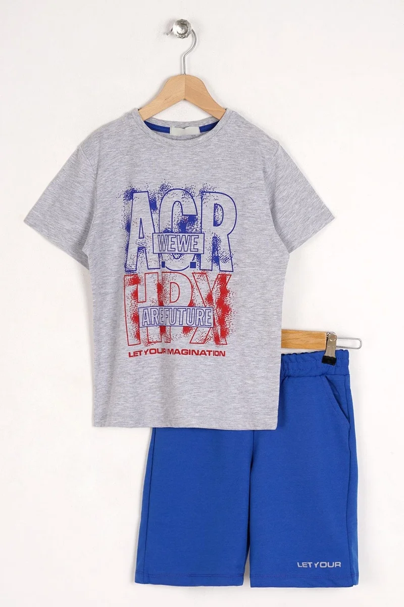Zepkids Boy's Gray Colored Crew Neck Acr Wewe Printed Capri Set10