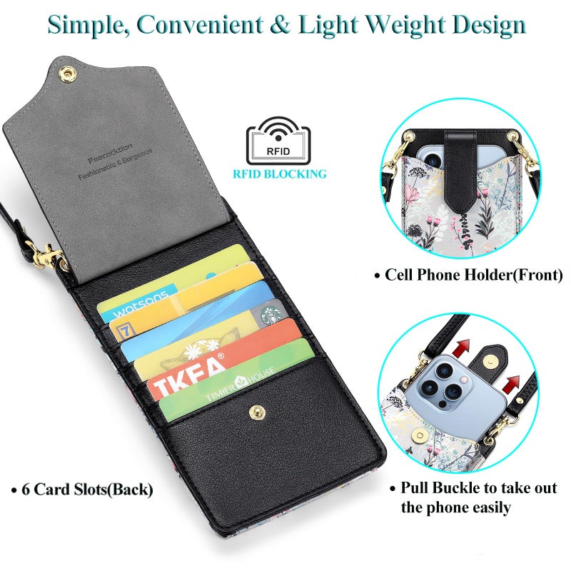 PEACOCKTION Peacocktion Small Crossbody Cell Phone Purse for Women, Lightweight Mini Shoulder Bag Wallet with Credit Card Slots (Black)  - Image 3