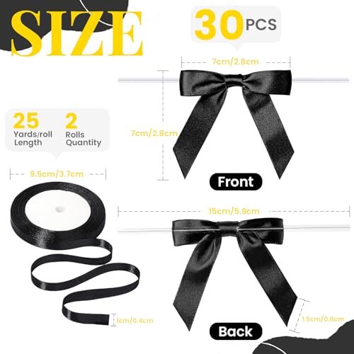 YGDZ Black Bows Set, 2.5" Premade 30 Counts Twist Tie Bow for Party Decorations, 2 Roll 3/8" 25 Yards Thin Satin Black Ribbon, Bow for Cake, Balloons, Gift Wrapping - Image 4