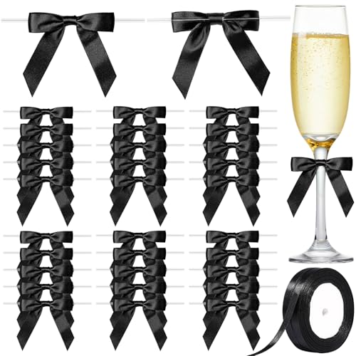 YGDZ Black Bows Set, 2.5" Premade 30 Counts Twist Tie Bow for Party Decorations, 2 Roll 3/8" 25 Yards Thin Satin Black Ribbon, Bow for Cake, Balloons, Gift Wrapping - Image 1