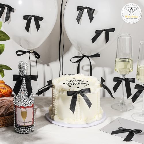 YGDZ Black Bows Set, 2.5" Premade 30 Counts Twist Tie Bow for Party Decorations, 2 Roll 3/8" 25 Yards Thin Satin Black Ribbon, Bow for Cake, Balloons, Gift Wrapping - Image 3