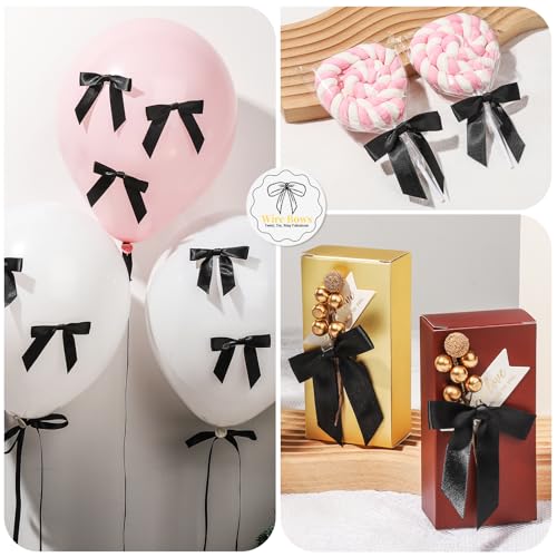 YGDZ Black Bows Set, 2.5" Premade 30 Counts Twist Tie Bow for Party Decorations, 2 Roll 3/8" 25 Yards Thin Satin Black Ribbon, Bow for Cake, Balloons, Gift Wrapping - Image 5