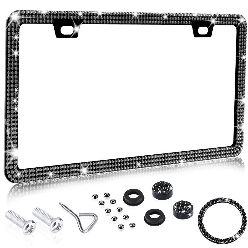 1Black Sparkle License Plate Frame Luxury Glass Crystal Bling License Plate Frame for Women Cute Thin Border Stainless Rhinestone Bedazzled Diamond License Plate Frame with Anti Theft Screw Caps