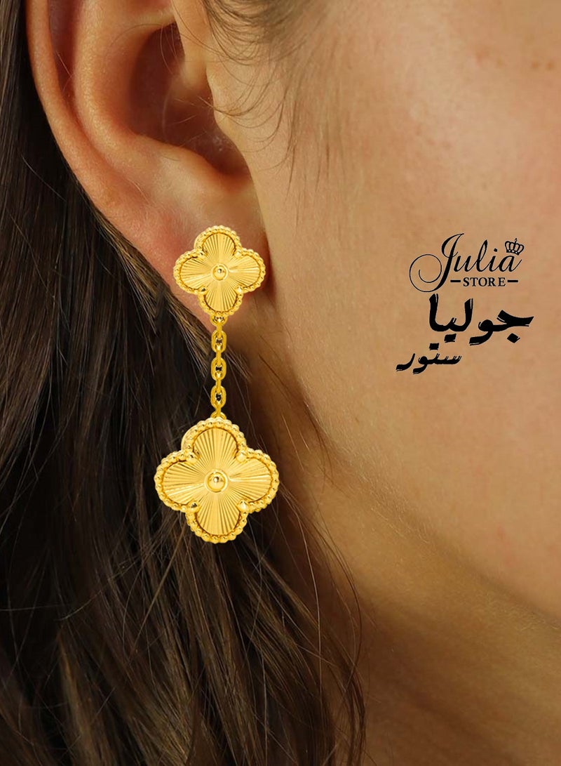 Julia Store 18K Gold Plated Stainless Steel Four Leaf Clover Lucky Trendy Love Drop Dangle Chain Earrings Jewelry Gift For Women Girls The Piece Of Art You Must Have  - Image 1