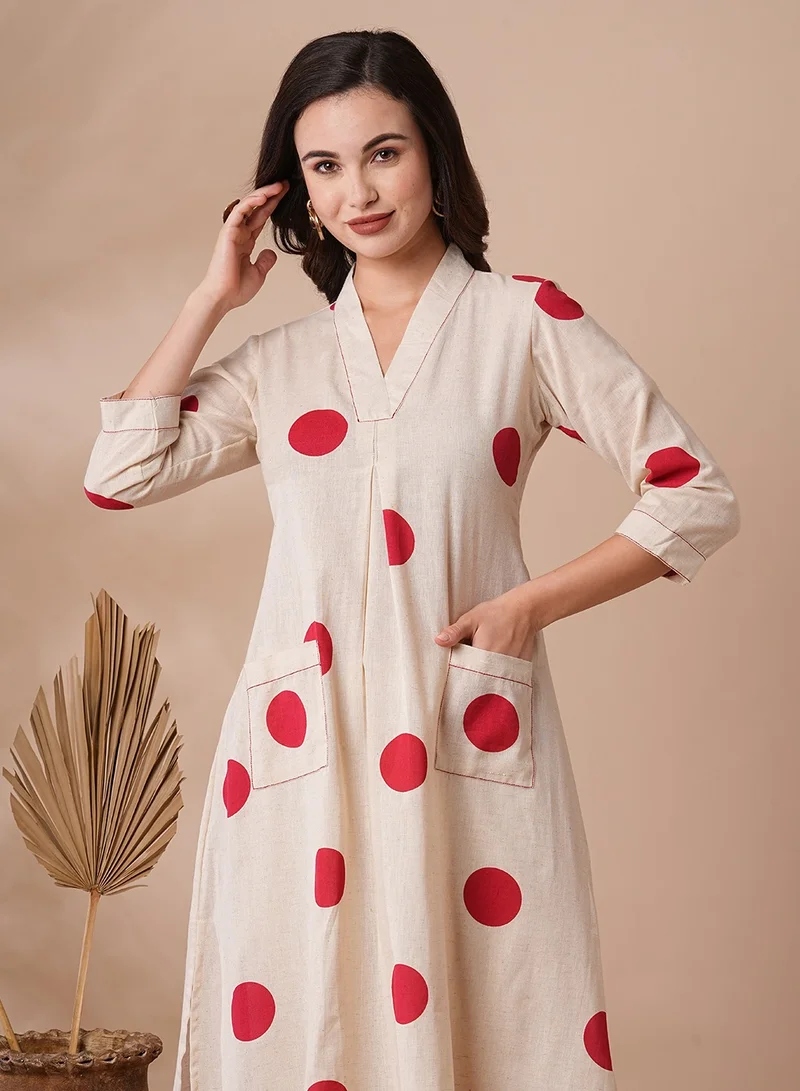 باناش برييا طقم كورد نسائي مطبوع بنقاط البولكا أبيض مائل للصفرة | فستان هندي نسائي | طقم ملابس تقليدية سالوار كاميز كرتا بنطلون دوباتا | طقم كرتا عرقي جاهز للارتداء