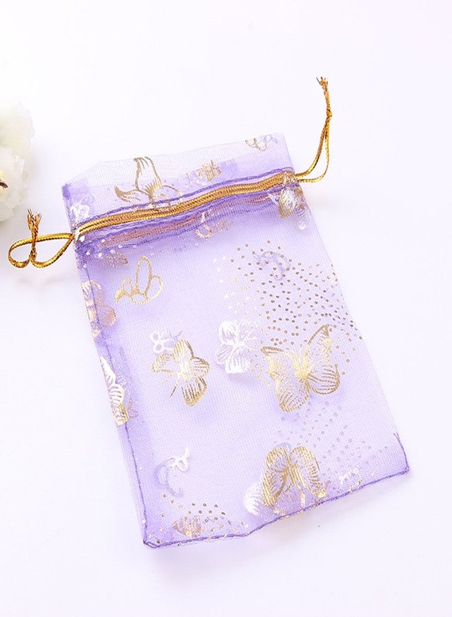 Ankirol 100pcs Mini Sheer Organza Wedding Favor Bags 3.5x4.5'' Luxury Jewelry Candy Gift Card Bags With Gold Line Drawstring Pouches Butterflies (light purple - Image 2