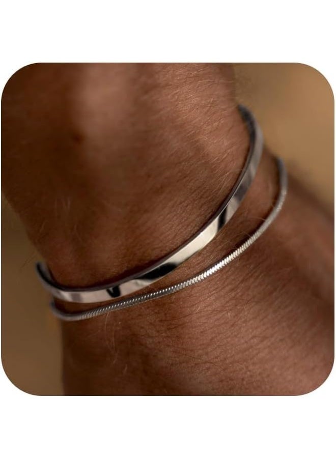 KASTWAVE Stackable Bracelets For Men, Silver Figaro Bracelets, Dainty 925 Sterling Silver/14K Gold Plated Cuff, Cuban Link Chain Bangle Bracelet Set, Mens Jewelry, Men'S - Image 1