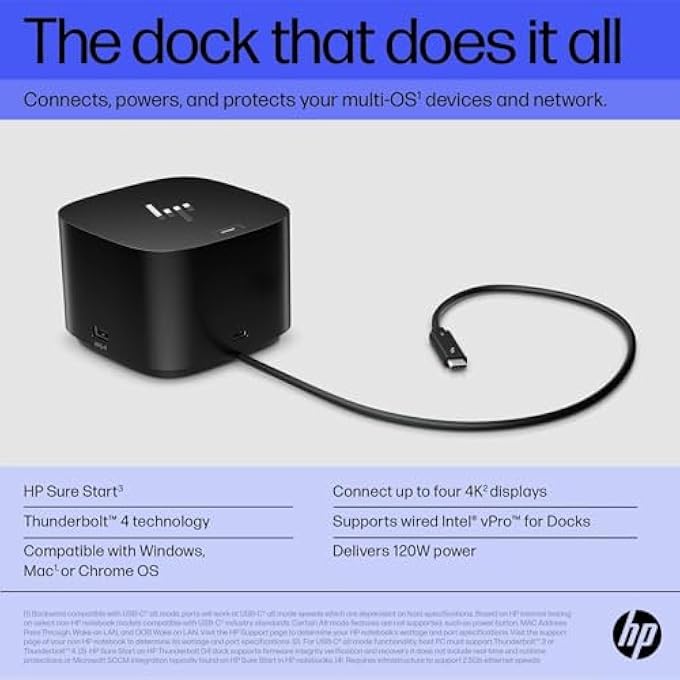 rayihni محطة إرساء HP THUNDERBOLT 4 DOCK 120W G4 (4J0A2AA) ، محطة إرساء USB C 13 في 1 مع شحن بحد أقصى 100 واط ، 4 شاشات 4K ، منفذ إيثرنت ، 6 منافذ USB ، HDMI ، 2 منفذ DISPLAYPORT لأجهزة اللابتوب ، MACOS - Image 3