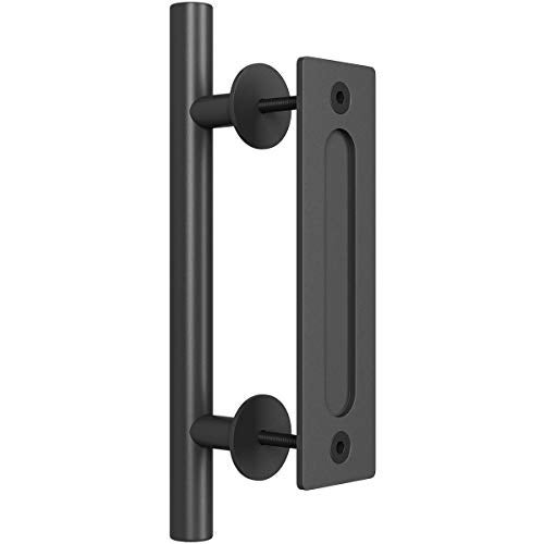 SMARTSTANDARD 12 Heavy Duty Sliding Barn Door Handle Pull and Flush Hardware Set Black Powder Coated Finish Large Rustic TwoSide Design Round
