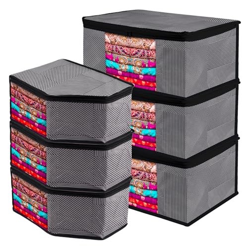 Kuber Industries Saree Cover & Blouse Cover Set | Zipper Closure Saree & Blouse Organizer Combo Set | 3 Pieces Blouse & 3 Pieces Saree Cover Set | Lining-Design | Set of 6 | Gray - Image 1