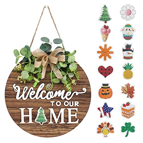RoseCraft Interchangeable Seasonal Welcome Sign Front Door Decoration, Rustic Round Wood Wreaths Wall Hanging Outdoor, Farmhouse, Porch, for Spring Summer Fall All Seasons Holiday Halloween Christmas. - Image 1