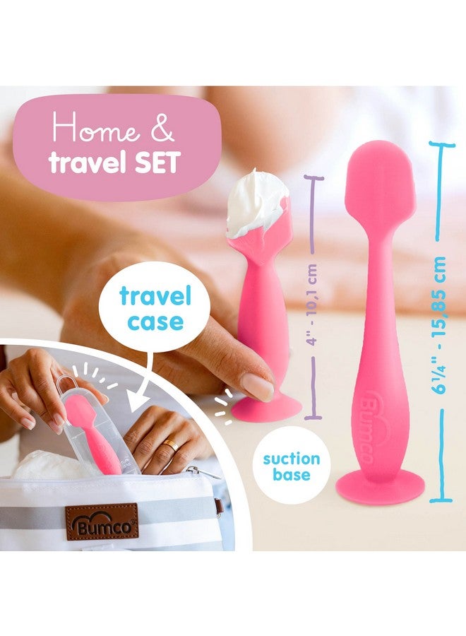 بيبي بام برَش فرشاة تنظيف أرداف بومكو بيبي + ملعقة صغيرة لكريم حفاضات الأطفال مع حقيبة - ملعقة حفاضات سيليكون خالية من مادة BPA مع كوب شفط، سهلة التنظيف، أداة وضع معجون الأرداف من ابتكار الأم (وردي ووردي) - Image 2