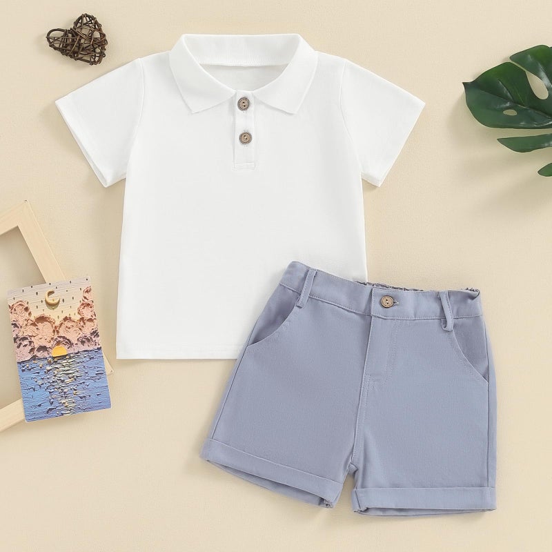 fhutpw Toddler Boy Short Sleeve Pique Polo Shirt & Casual Shorts Set Kids Summer Clothes Suit 2T 3T 4T Little Boys Outfits - Image 2