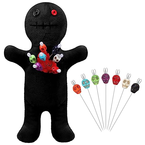 Kathfly 8 Pcs Voodoo Doll Set 7 Voodoo Horror Doll with 7 Pcs Skull Pins Creepy Ghost Dolls Revenge Stress Relieving Inspirational Positive Ornament Gift for Friend Coworkers Birthday GiftsBlack - Image 1