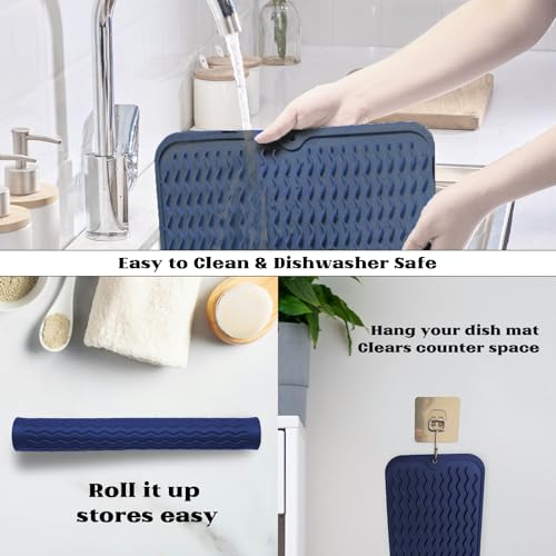 ZLR Silicone Dish Drying Mat & Heat Resistant Trivet (12" x 16") - Waterproof Counter Protector for Air Fryer, Coffee Maker - Non-Slip, BPA Free Kitchen Pad, Easy Clean Dishwasher Safe (Midnight Blue) - Image 4