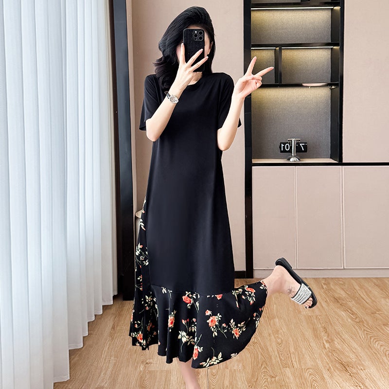 French Style High-end Chiffon Stitching T-shirt dress Loose Crewneck Elegant Age-reducing plus size Slim Long A- line Skirt Black 