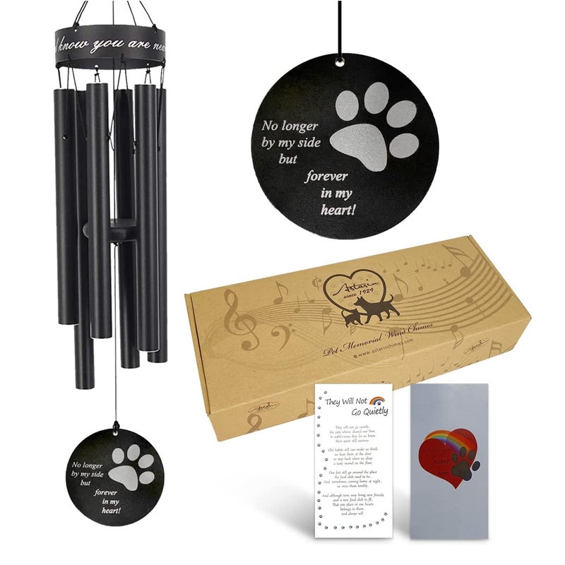Pet Memorial Wind Chime 30 Inches Paw Print Pet Remembrance Gift to Honor and Remember a Dog Cat or Other Pet Premium Metal Wind Chime Black