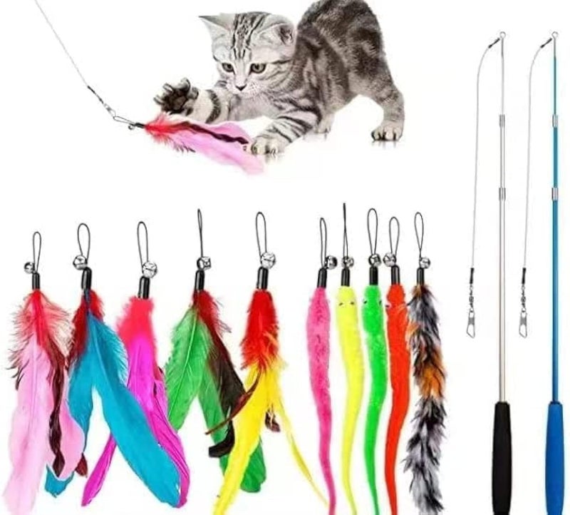 Cat Toys Feather Toy Set - 2PCS Retractable Wand and 10PCS Replacement Teasers with Bells - Image 1