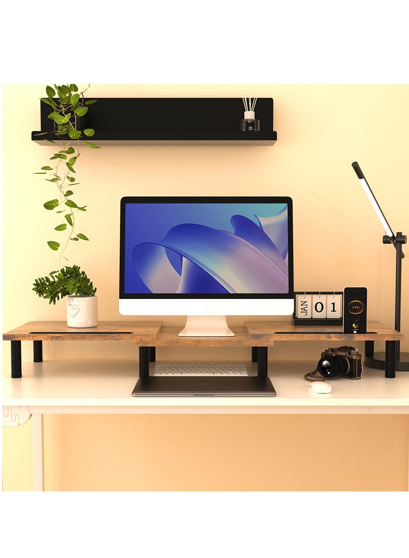 FlashHawk Dual Monitor Stand Riser, Monitor Stand with Adjustable Length and Angle, Wood Monitor Stand for Desk, Monitor Riser for 2 Monitors with Storage Space  - Image 3