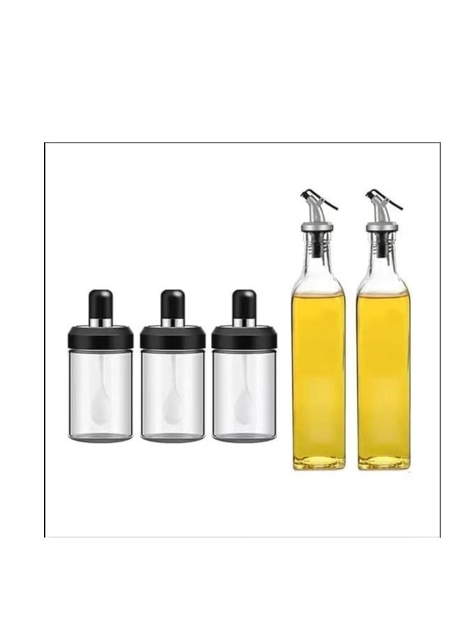 Oil and Vinegar Dispenser Bottle Set with 3-Piece Spice Jars - Clear Glass Kitchen Cruet - Image 3