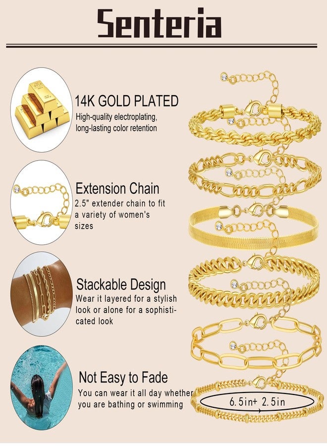 Senteria 14K Gold Plated Bracelets for Women Non Tarnish Gold Stack Bracelets Sets Adjustable Waterproof Chain Bracelet for Women 6PCS - Image 4