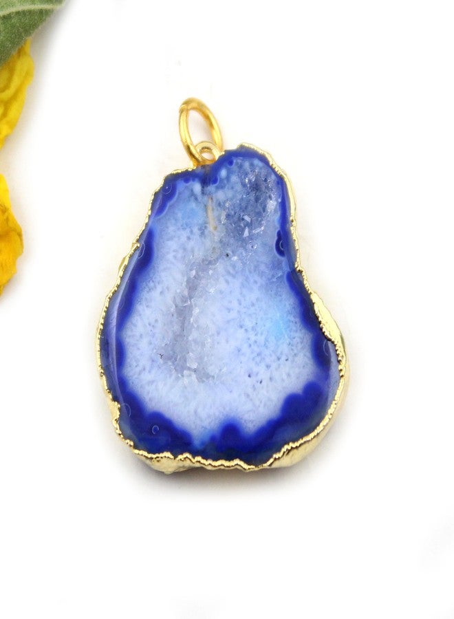 G-Vogue Royal Fashion Gold Electroplated Natural Blue Agate Slice Gemstone Fancy Shape Pendant for Women & Girls - Image 3