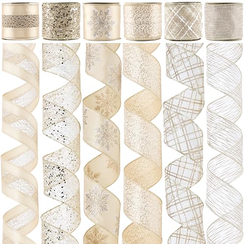 MAYREEL Champagne Christmas Ribbon Wired 2.5 Inch Champagne Gold Ribbon for Christmas Trees Wreaths Tree Toppers Crafts Home Decor Gift Wrapping 6 Rolls Total 36 Yards - Image 1