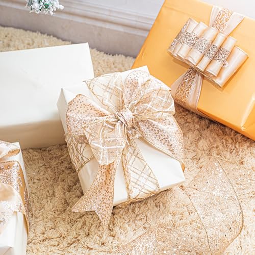 MAYREEL Champagne Christmas Ribbon Wired 2.5 Inch Champagne Gold Ribbon for Christmas Trees Wreaths Tree Toppers Crafts Home Decor Gift Wrapping 6 Rolls Total 36 Yards - Image 2
