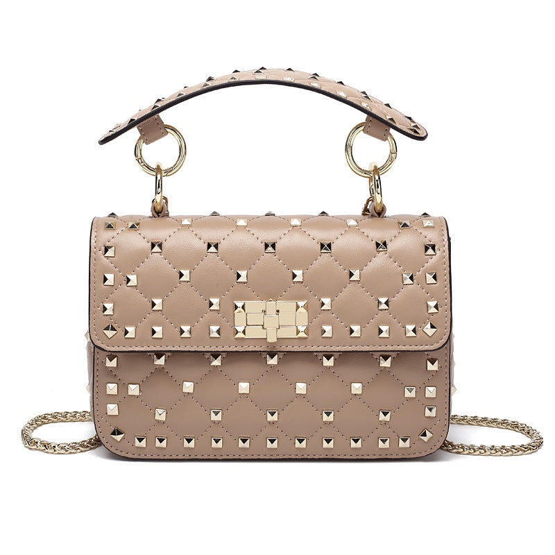 Euro-Style Leather Rivet Crossbody Bag Apricot - Image 1