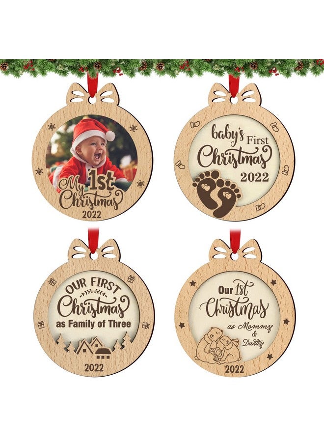 Malihome Baby's First Christmas 2022 Ornaments Set of 4 with Photo Frame 1st Christmas as Daddy and Mommy and First Christmas of Family Christmas Wooden Ornaments (Baby First Christmas 4pcs) - Image 1
