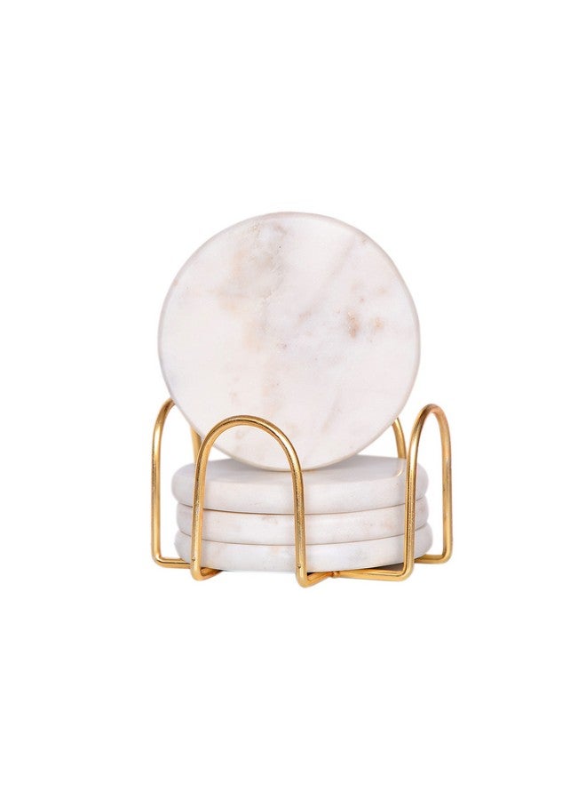 CentraLit طقم كوسترات رخامية بيضاء دائرية من سنترا ليت - 4 قطع مع حامل - كوسترات بار نبيذ للطاولة - طقم 4 قطع من كوسترات الرخام اليدوية القديمة مع حامل (شكل دائري) (ذهبي) - Image 1